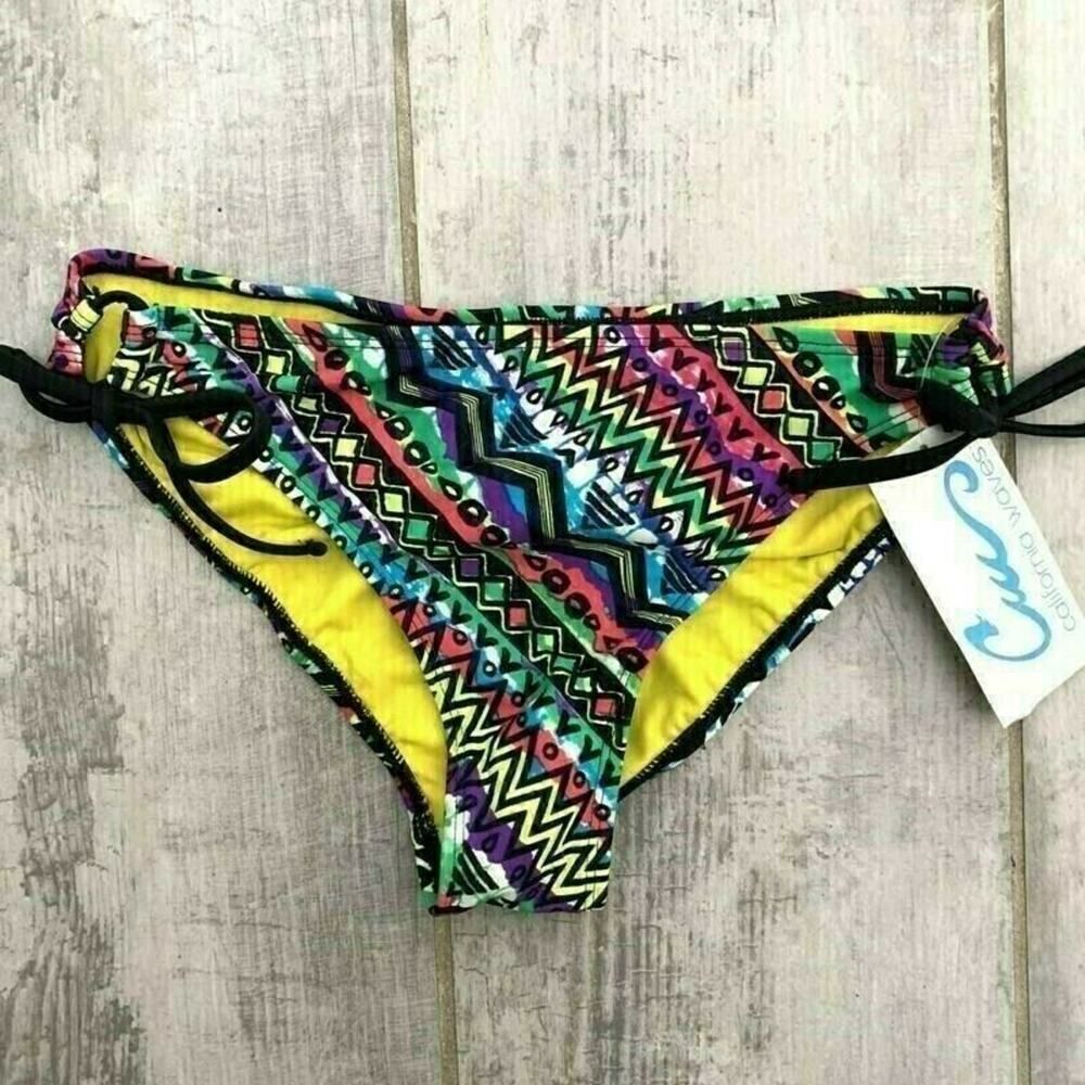CALIFORNIA WAVES Junior Aztec Side Tie Bikini Bottom NEW Beach Swim Summer M